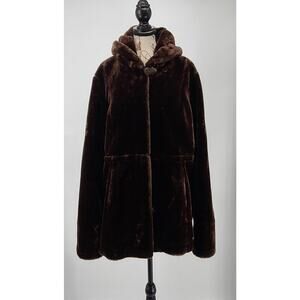 Dennis by Dennis Basso faux fur brown hooded coat Size LG Mob Wife Bold Luxury